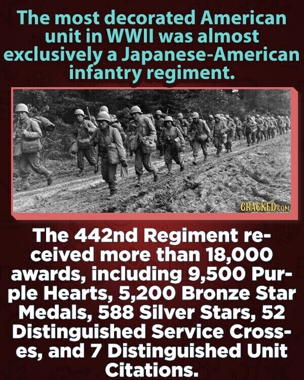 The most decorated American unit in WWII was almost exclusively a Japanese-American infantry regiment. CRACKED.COM The 442nd Regiment re- ceived more than 18,000 awards, including 9,500 Pur- ple Hearts, 5,200 Bronze Star Medals, 588 Silver Stars, 52 Distinguished Service Cross- es, and 7 Distinguished Unit Citations.