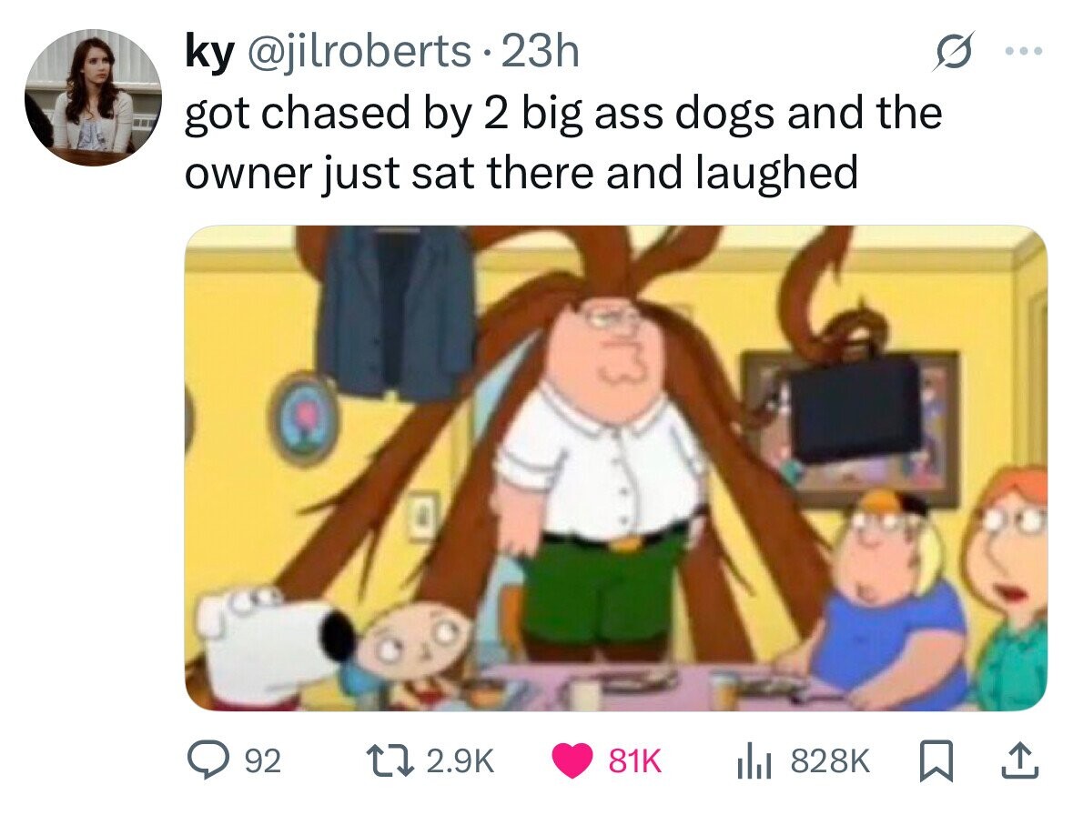 ky @jilroberts 23h ... got chased by 2 big ass dogs and the owner just sat there and laughed 92 2.9K 81K 828K 