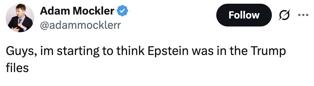 Adam Mockler Follow ... @adammocklerr Guys, im starting to think Epstein was in the Trump files