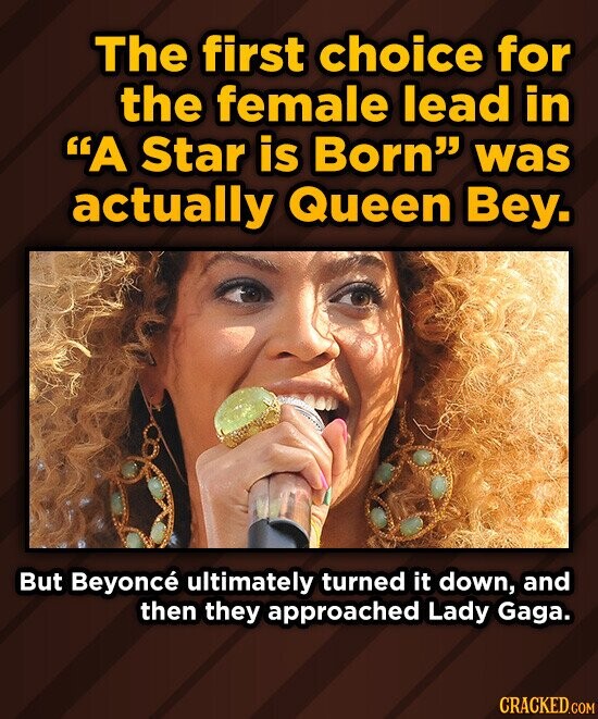 The first choice for the female lead in A Star is Born was actually Queen Bey. But Beyoncé ultimately turned it down, and then they approached Lady Gaga. CRACKED.COM