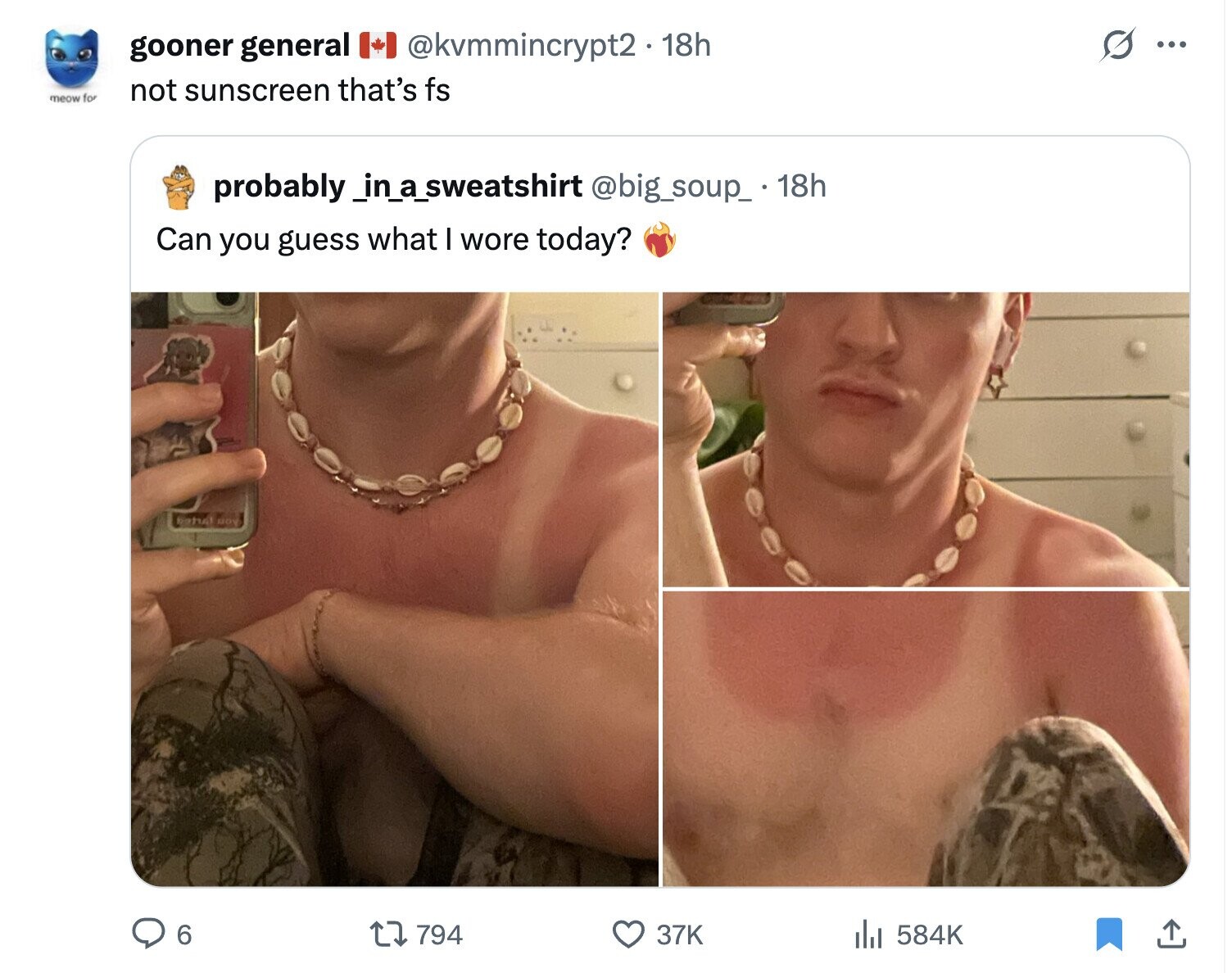 G gooner general @kvmmincrypt2.18h ... not sunscreen that's fs meow for probably _in a_sweatshirt @big_soup_.18h Can you guess what I wore today? the uo 6 794 584K 37K