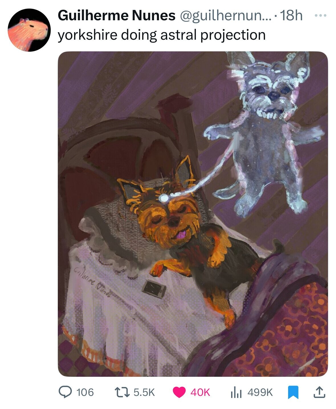 Guilherme Nunes @guilhernun... 18h ... yorkshire doing astral projection 106 5.5K 40K 499K 