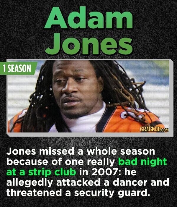 Adam Jones 1 SEASON CRACKED.COM Jones missed a whole season because of one really bad night at a strip club in 2007: he allegedly attacked a dancer and threatened a security guard.