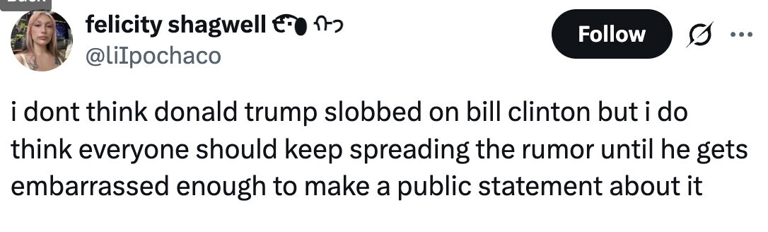 felicity shagwell its Follow @liIpochaco i i dont think donald trump slobbed on bill clinton but i do think everyone should keep spreading the rumor until he gets embarrassed enough to make a public statement about it