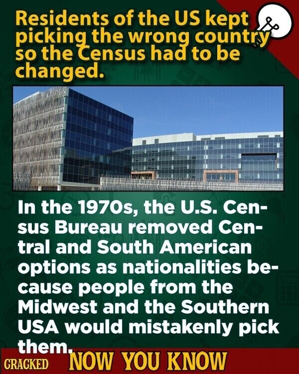 Residents of the US kept picking the wrong country so the Census had to be changed. In the 1970s, the U.S. Cen- sus Bureau removed Cen- tral and South American options as nationalities be- cause people from the Midwest and the Southern USA would mistakenly pick them. CRACKED NOW YOU KNOW
