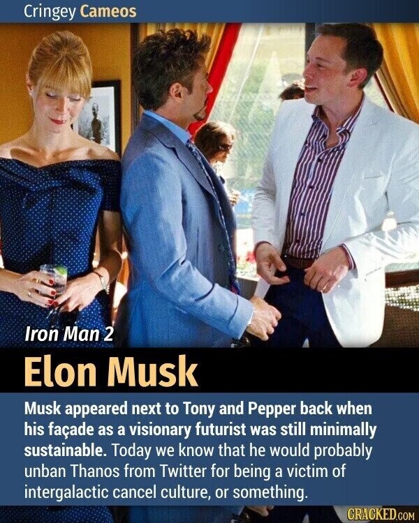 Cringey Cameos Iron Man 2 Elon Musk Musk appeared next to Tony and Pepper back when his façade as a visionary futurist was still minimally sustainable. Today we know that he would probably unban Thanos from Twitter for being a victim of intergalactic cancel culture, or something. CRACKED.COM