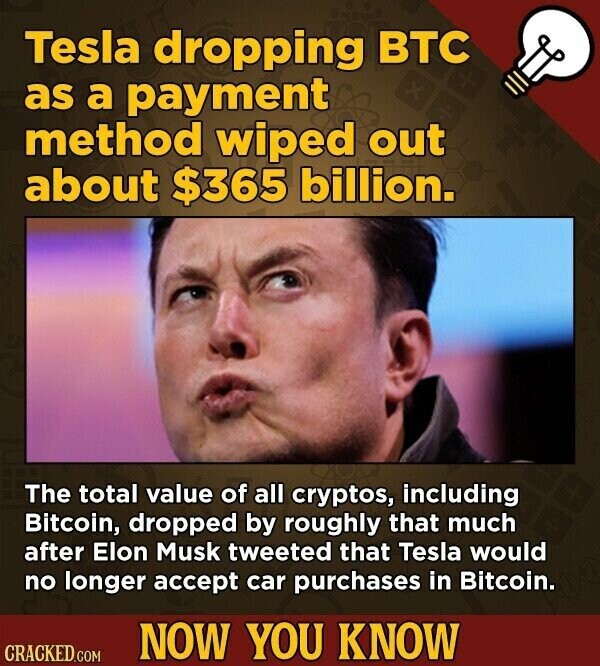 Tesla dropping BTC as a payment method wiped out about $365 billion. The total value of all cryptos, including Bitcoin, dropped by roughly that much after Elon Musk tweeted that Tesla would no longer accept car purchases in Bitcoin. NOW YOU KNOW CRACKED.COM