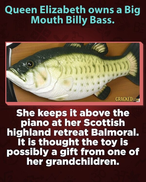 Queen Elizabeth owns a Big Mouth Billy Bass.  CRACKED.COM She keeps it above the piano at her Scottish highland retreat Balmoral.  It is thought the toy is possibly a gift from one of her grandchildren.