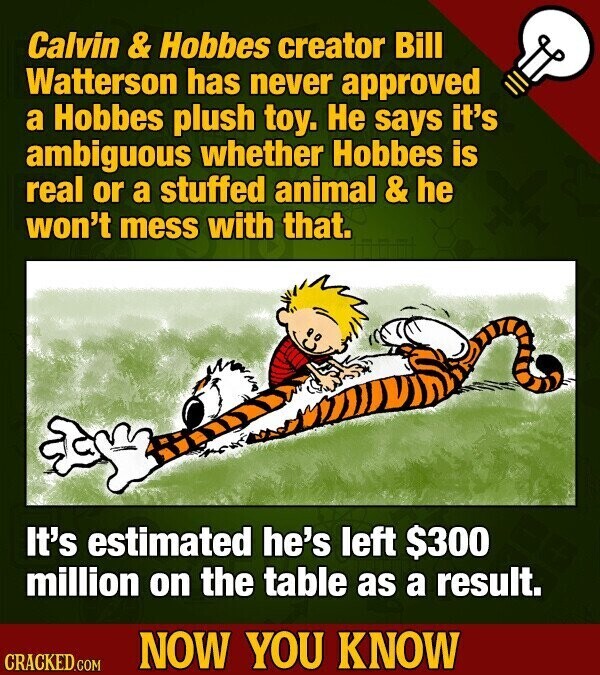 Calvin & Hobbes creator Bill Watterson has never approved a Hobbes plush toy. Не says it's ambiguous whether Hobbes is real or a stuffed animal & he won't mess with that. It's estimated he's left $300 million on the table as a result. NOW YOU KNOW CRACKED.COM