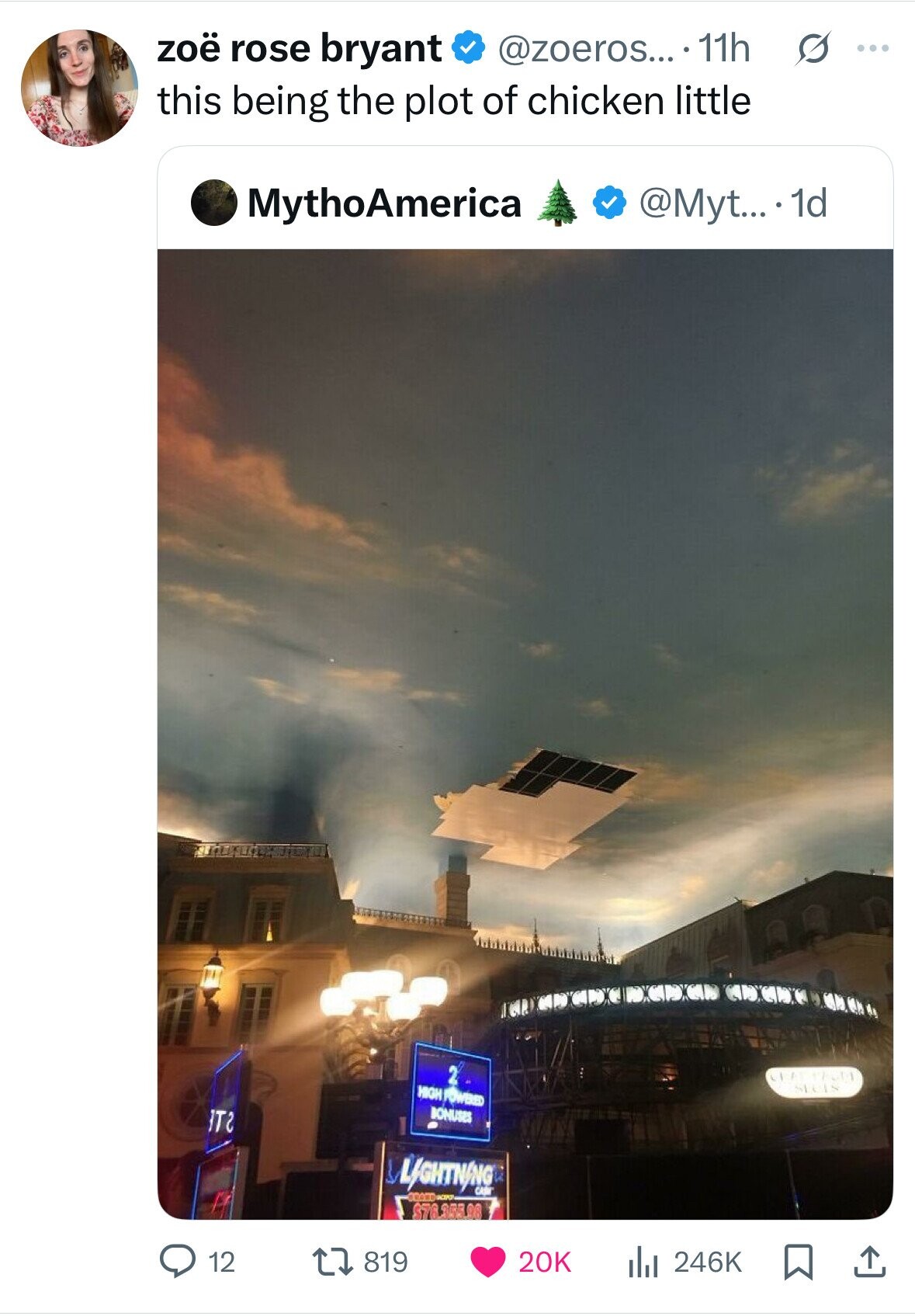 s ... zoë rose bryant @zoeros... .11h this being the plot of chicken little MythoAmerica @Myt....1d 2 HIGH POWBED SECIS BONUSES тг LIGHTNING CRAND CASH ACEPO $76.355.98 12 20K 819 246K 