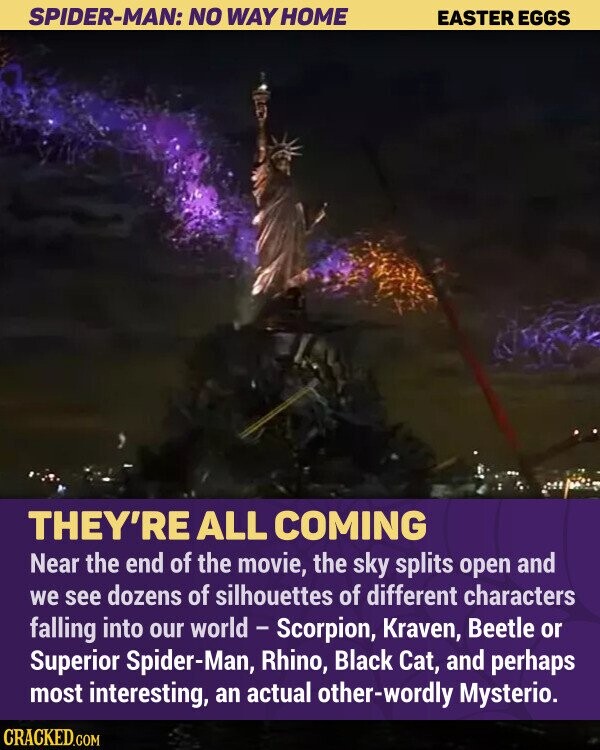 SPIDER-MAN: NO WAY HOME EASTER EGGS THEY'RE ALL COMING Near the end of the movie, the sky splits open and we see dozens of silhouettes of different characters falling into our world - Scorpion, Kraven, Beetle or Superior Spider-Man, Rhino, Black Cat, and perhaps most interesting, an actual other-wordly Mysterio. CRACKED.COM