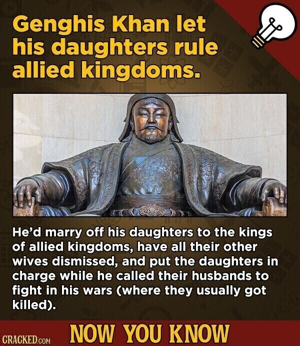 Genghis Khan let his daughters rule allied kingdoms. He'd marry off his daughters to the kings of allied kingdoms, have all their other wives dismissed, and put the daughters in charge while he called their husbands to fight in his wars (where they usually got killed). NOW YOU KNOW CRACKED.COM