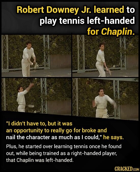 Robert Downey Jr. learned to play tennis left-handed for Chaplin. I didn't have to, but it was an opportunity to really go for broke and nail the character as much as I could, he says. Plus, he started over learning tennis once he found out, while being trained as a right-handed player, that Chaplin was left-handed. CRACKED.COM