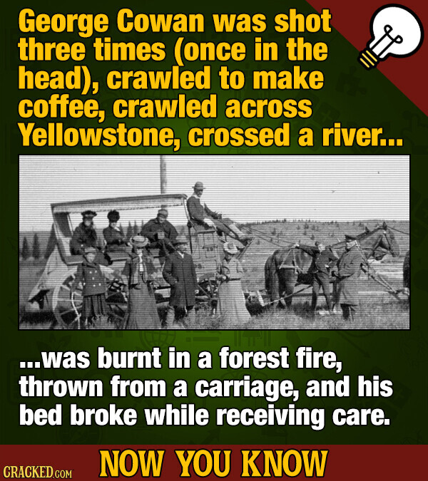 George Cowan was shot three times (once in the head), crawled to make coffee, crawled across Yellowstone, crossed a river... ...was burnt in a forest fire, thrown from a carriage, and his bed broke while receiving care. NOW YOU KNOW CRACKED.COM