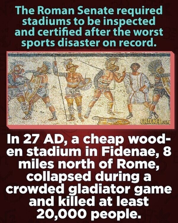 The Roman Senate required stadiums to be inspected and certified after the worst sports disaster on record. CRACKED.COM In 27 AD, a cheap wood- en stadium in Fidenae, 8 miles north of Rome, collapsed during a crowded gladiator game and killed at least 20,000 people.