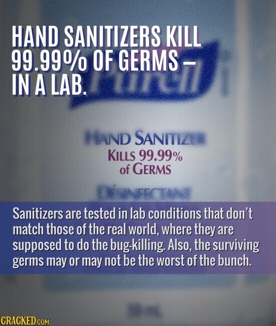 HAND SANITIZERS KILL 99.99% IN OF GERMS- A LAB. HAND SANITIZER KILLS 99.99% of GERMS DÉSINFECTANT Sanitizers are tested in lab conditions that don't match those of the real world, where they are supposed to do the bug-killing. Also, the surviving germs may or may not be the worst of the bunch. CRACKED.COM