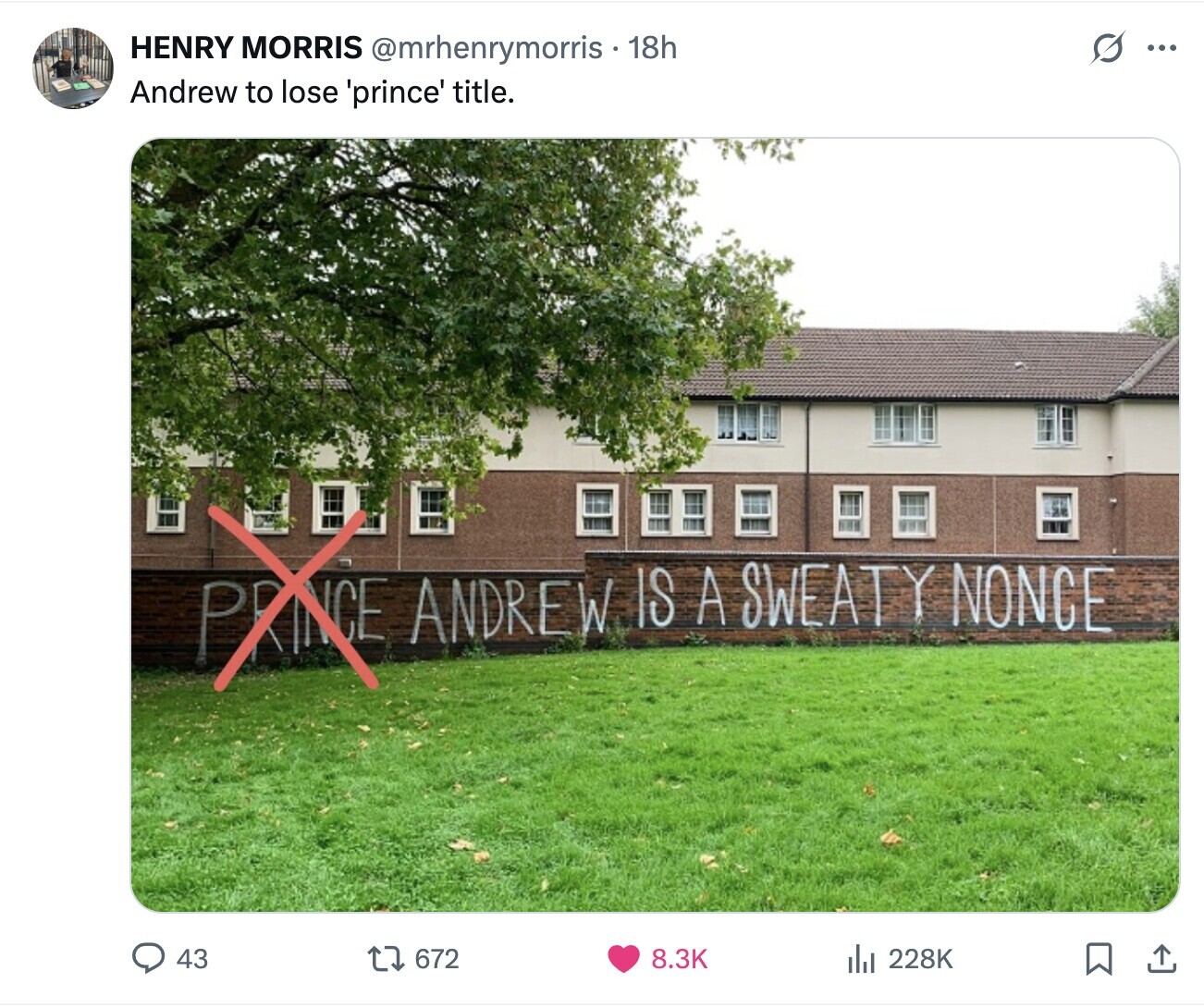 S HENRY MORRIS @mrhenrymorris 18h ... Andrew to lose 'prince' title. PINE A SWEATY IS NONCE ANDREW 43 672 8.3K 228K