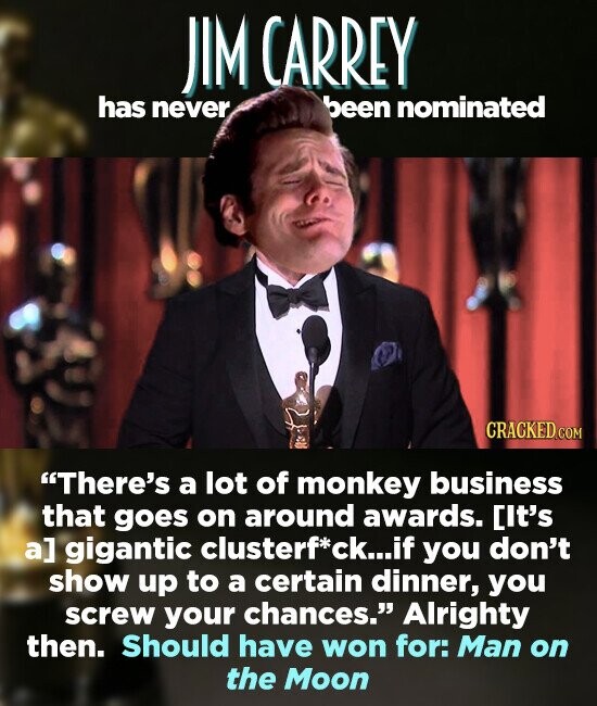 JIM CARREY has never been nominated There's a lot of monkey business that goes on around awards. Cit's a] gigantic clusterf*ck.. if you don't show up to a certain dinner, you screw your chances. Alrighty then. Should have won for: Man on the Moon