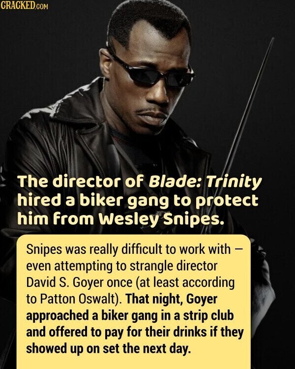 CRACKED.COM The director of Blade: Trinity hired a biker gang to protect him from Wesley Snipes. Snipes was really difficult to work with - even attempting to strangle director David S. Goyer once (at least according to Patton Oswalt). That night, Goyer approached a biker gang in a strip club and offered to pay for their drinks if they showed up on set the next day.