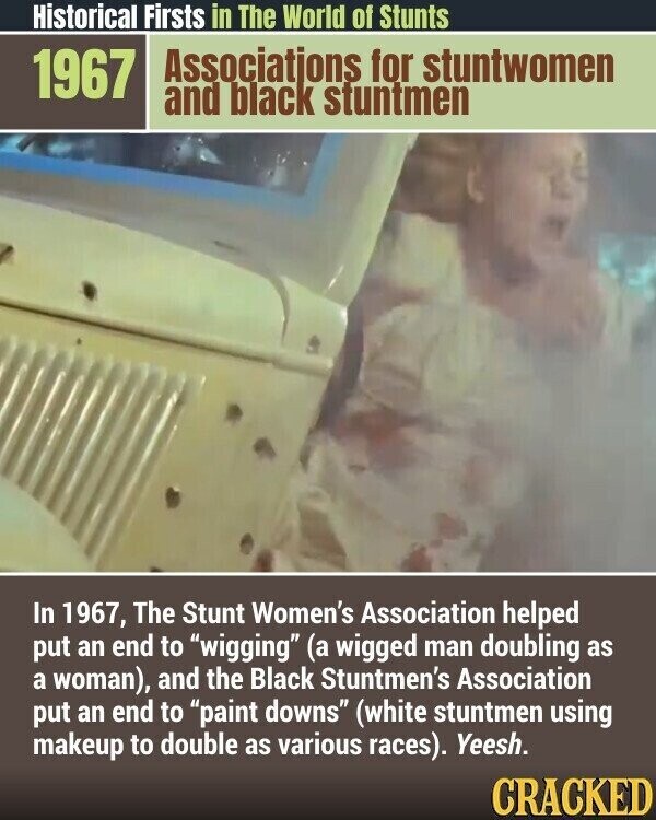 Historical Firsts in The World of Stunts Associations for stuntwomen 1967 and black stuntmen In 1967, The Stunt Women's Association helped put an end to wigging (a wigged man doubling as a woman), and the Black Stuntmen's Association put an end to paint downs (white stuntmen using makeup to double as various races). Yeesh. CRACKED