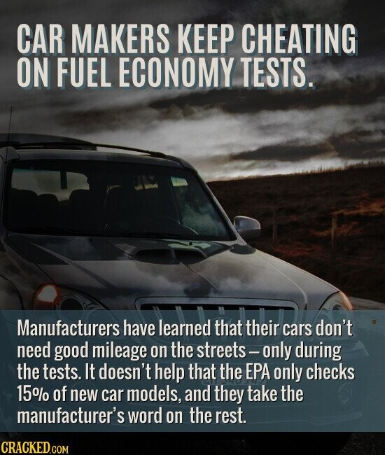 CAR MAKERS KEEP CHEATING ON FUEL ECONOMY TESTS. Manufacturers have learned that their cars don't need good mileage on the streets-only during the tests. It doesn't help that the EPA only checks 15% of new car models, and they take the manufacturer's word on the rest. CRACKED.COM
