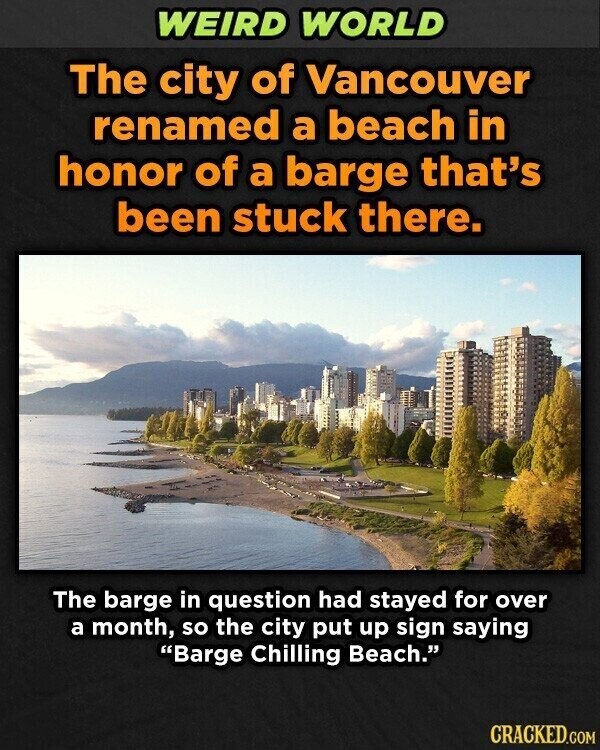 WEIRD WORLD The city of Vancouver renamed a beach in honor of a barge that's been stuck there. The barge in question had stayed for over a month, so the city put up sign saying Barge Chilling Beach. CRACKED.COM