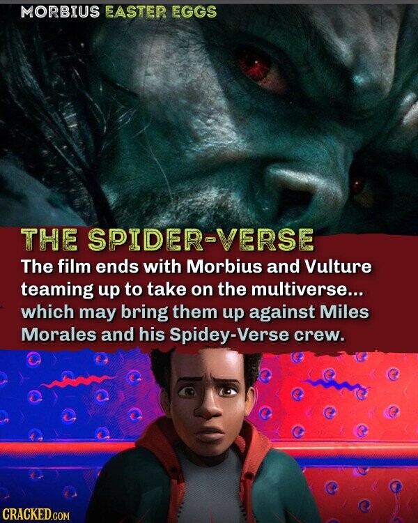 MORBIUS EASTER EGGS THE SPIDER-VERSE The film ends with Morbius and Vulture teaming up to take on the multiverse... which may bring them up against Miles Morales and his Spidey-Verse crew. CRACKED.COM