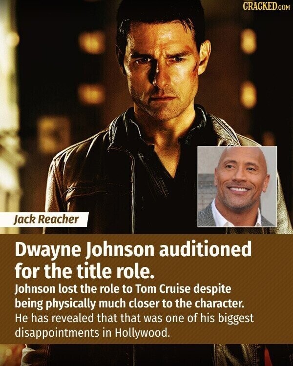 CRACKED.COM Jack Reacher Dwayne Johnson auditioned for the title role. Johnson lost the role to Tom Cruise despite being physically much closer to the character. Не has revealed that that was one of his biggest disappointments in Hollywood.