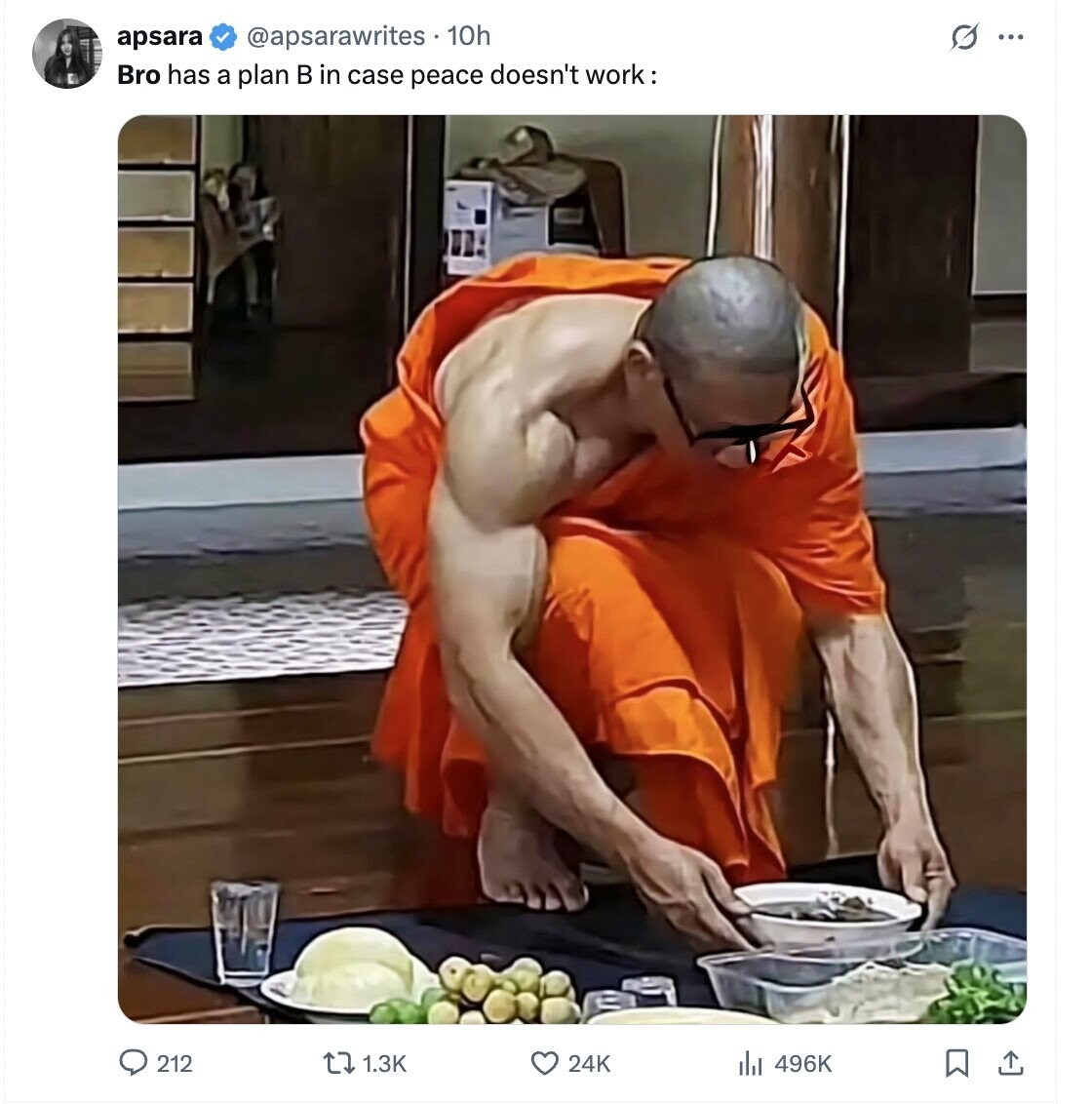 @apsarawrites 10h G ... apsara Bro has a plan в in case peace doesn't work: 212 1.3K 24K 496K 