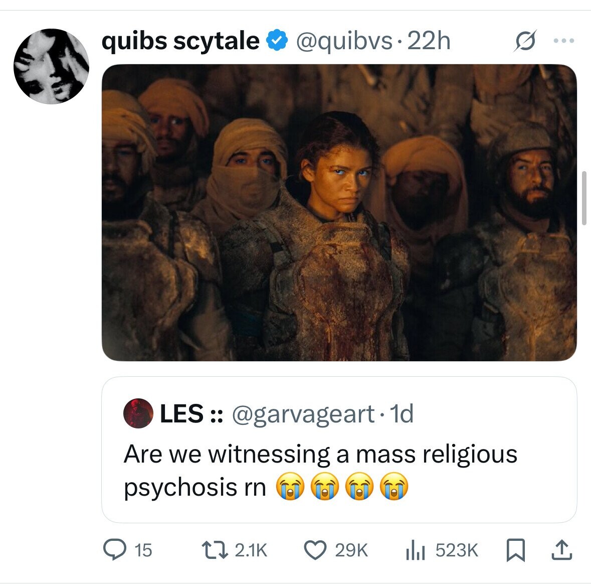 quibs scytale @quibvs.22h S ... LES :: @garvageart. 1d Are we witnessing a mass religious psychosis rn 15 2.1K 29K 523K 