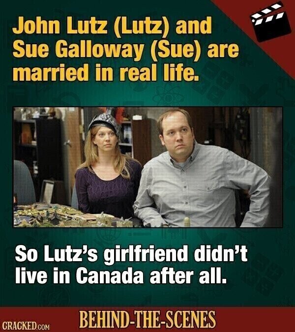 John Lutz (Lutz) and Sue Galloway (Sue) are married in real life. So Lutz's girlfriend didn't live in Canada after all. BEHIND-THE-SCENES CRACKED.COM