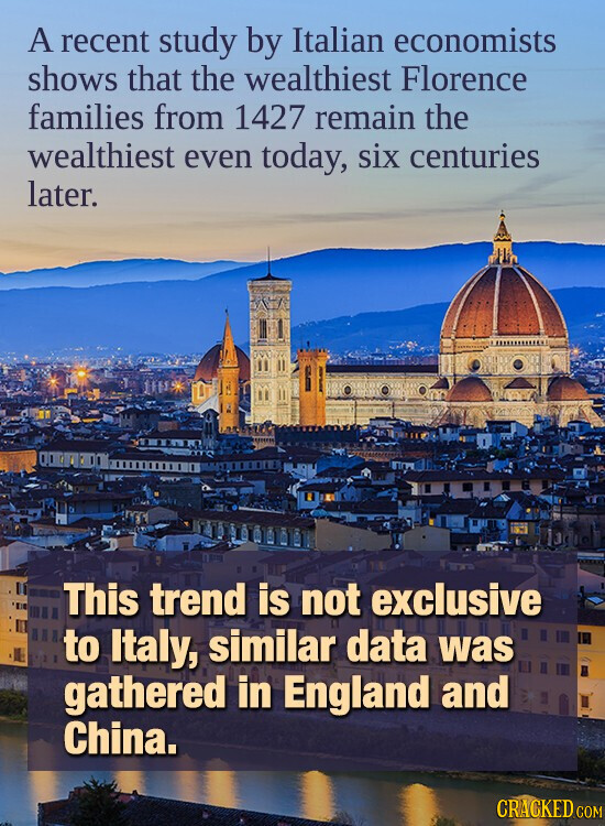 A recent study by Italian economists shows that the wealthiest Florence families from 1427 remain the wealthiest even today, six centuries later. This trend is not exclusive to Italy, similar data was gathered in England and China. CRACKED COM