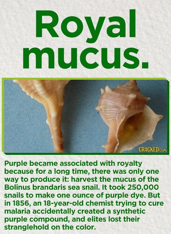 Royal mucus. CRACKED.COM Purple became associated with royalty because for a long time, there was only one way to produce it: harvest the mucus of the Bolinus brandaris sea snail. It took 250,000 snails to make one ounce of purple dye. But in 1856, an 18-year-old chemist trying to cure malaria accidentally created a synthetic purple compound, and elites lost their stranglehold on the color.