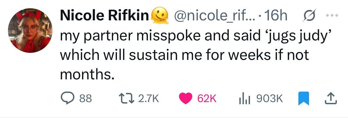 Nicole Rifkin @nicole_rif... 16h s ... my partner misspoke and said 'jugs judy' which will sustain me for weeks if not months. 88 2.7K 62K 903K 
