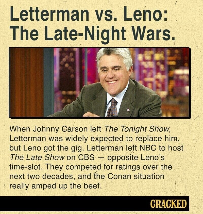 Letterman vs. Leno: The Late-Night Wars. When Johnny Carson left The Tonight Show, Letterman was widely expected to replace him, but Leno got the gig. Letterman left NBC to host The Late Show on CBS - opposite Leno's time-slot. They competed for ratings over the next two decades, and the Conan situation really amped up the beef. CRACKED