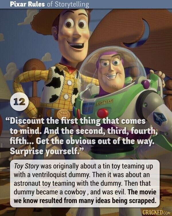 Pixar Rules of Storytelling 12 SPACE RANGER LIGHTYEAR Discount the first thing that comes to mind. And the second, third, fourth, fifth... Get the obvious out of the way. Surprise yourself. Toy Story was originally about a tin toy teaming up with a ventriloquist dummy. Then it was about an astronaut toy teaming with the dummy. Then that dummy became a cowboy, and was evil. The movie we know resulted from many ideas being scrapped. CRACKED.COM