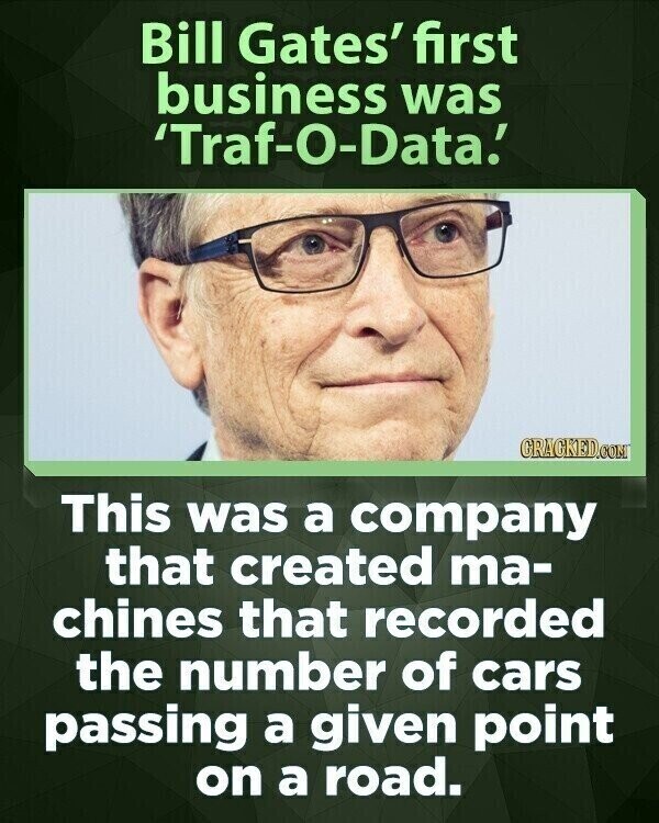 Bill Gates' first business was 'Traf-O-Data.' GRACKED.COM This was a company that created ma- chines that recorded the number of cars passing a given point on a road.
