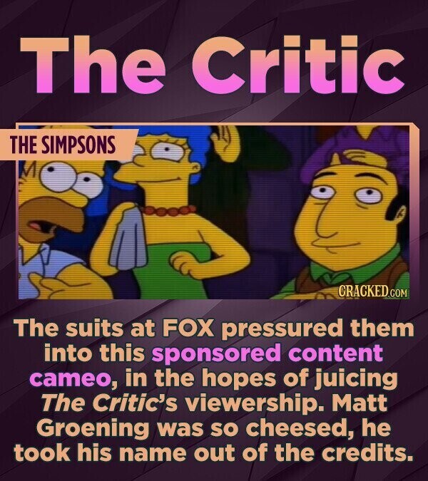 The Critic THE SIMPSONS CRACKED.COM The suits at FOX pressured them into this sponsored content cameo, in the hopes of juicing The Critic's viewership. Matt Groening was so cheesed, he took his name out of the credits.