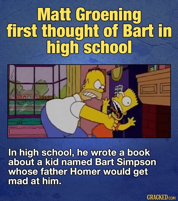 Matt Groening first thought of Bart in high school In high school, he wrote a book about a kid named Bart Simpson whose father Homer would get mad at him. CRACKED.COM