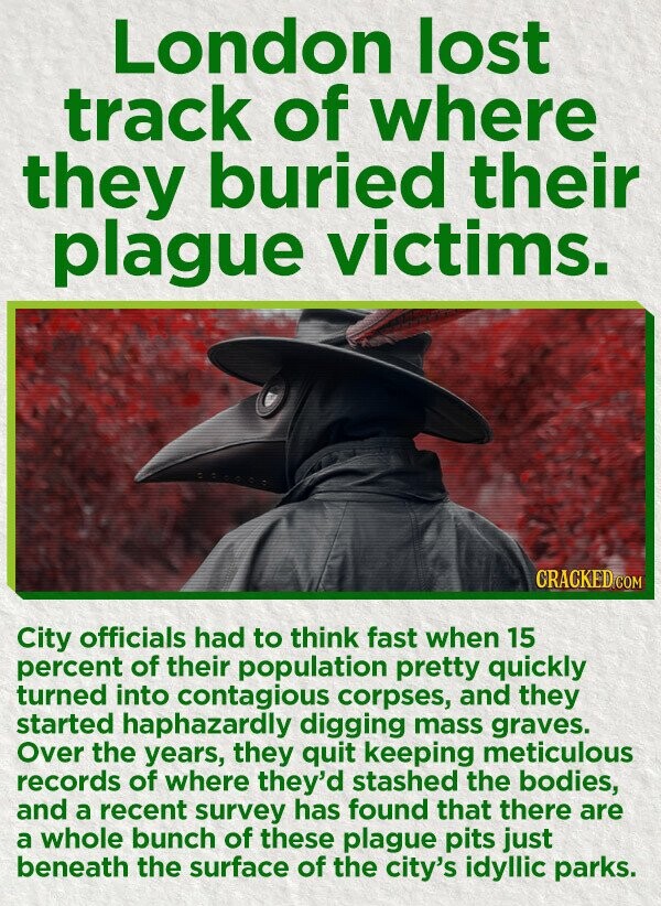 London lost track of where they buried their plague victims. CRACKED.COM City officials had to think fast when 15 percent of their population pretty quickly turned into contagious corpses, and they started haphazardly digging mass graves. Over the years, they quit keeping meticulous records of where they'd stashed the bodies, and a recent survey has found that there are a whole bunch of these plague pits just beneath the surface of the city's idyllic parks.