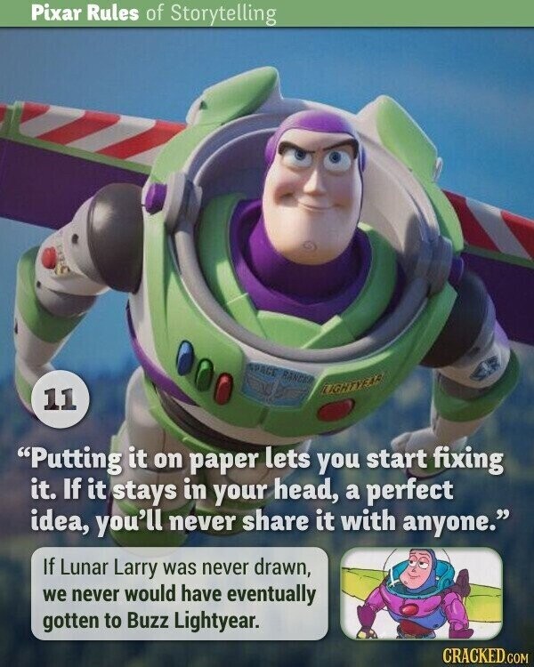 Pixar Rules of Storytelling SPAGE RANGER LIGHTYEAR 11 Putting it on paper lets you start fixing it. If it stays in your head, a perfect idea, you'll never share it with anyone. If Lunar Larry was never drawn, we never would have eventually gotten to Buzz Lightyear. CRACKED.COM