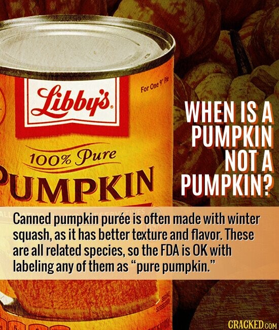 Libby's For One 9° Pie WHEN IS A PUMPKIN NOT A 100% Pure PUMPKIN PUMPKIN? ALL Canned pumpkin purée is often made with winter squash, as it has better texture and flavor. These are all related species, so the FDA is OK with labeling any of them as pure pumpkin. SEA - CRACKED.COM