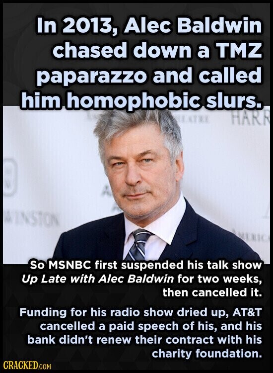 In 2013, Alec Baldwin chased down a TMZ paparazzo and called him homophobic slurs. VILATRE HARR de INSTON MERIC So MSNBC first suspended his talk show Up Late with Alec Baldwin for two weeks, then cancelled it. Funding for his radio show dried up, AT&T cancelled a paid speech of his, and his bank didn't renew their contract with his charity foundation. CRACKED.COM