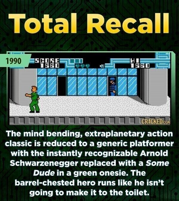 Total Recall 1990 SCORE HI ISSO 1560 CRACKED COM The mind bending, extraplanetary action classic is reduced to a generic platformer with the instantly recognizable Arnold Schwarzenegger replaced with a Some Dude in a green onesie. The barrel-chested hero runs like he isn't going to make it to the toilet.