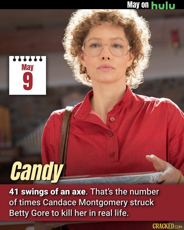 May on hulu May 9 Candy 41 swings of an axe. That's the number of times Candace Montgomery struck Betty Gore to kill her in real life. CRACKED.COM