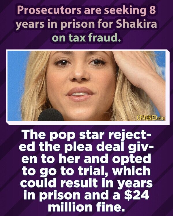 Prosecutors are seeking 8 years in prison for Shakira on tax fraud. CRACKED.COM The pop star reject- ed the plea deal giv- en to her and opted to go to trial, which could result in years in prison and a $24 million fine.