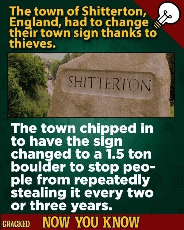 The town of Shitterton, England, had to change their town sign thanks to thieves. SHITTERTON The town chipped in to have the sign changed to a 1.5 ton boulder to stop peo- ple from repeatedly stealing it every two or three years. CRACKED NOW YOU KNOW