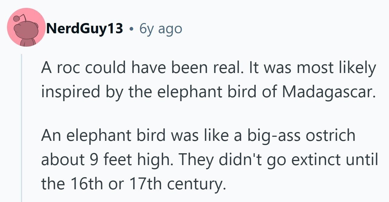 NerdGuy13 . 6y ago A roc could have been real. It was most likely inspired by the elephant bird of Madagascar. An elephant bird was like a big-ass ostrich about 9 feet high. They didn't go extinct until the 16th or 17th century. 