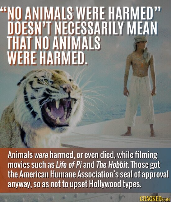 NO ANIMALS WERE HARMED DOESN'T NECESSARILY MEAN THAT NO ANIMALS WERE HARMED. Animals were harmed, or even died, while filming movies such as Life of Pi and The Hobbit. Those got the American Humane Association's seal of approval anyway, so as not to upset Hollywood types. CRACKED.COM