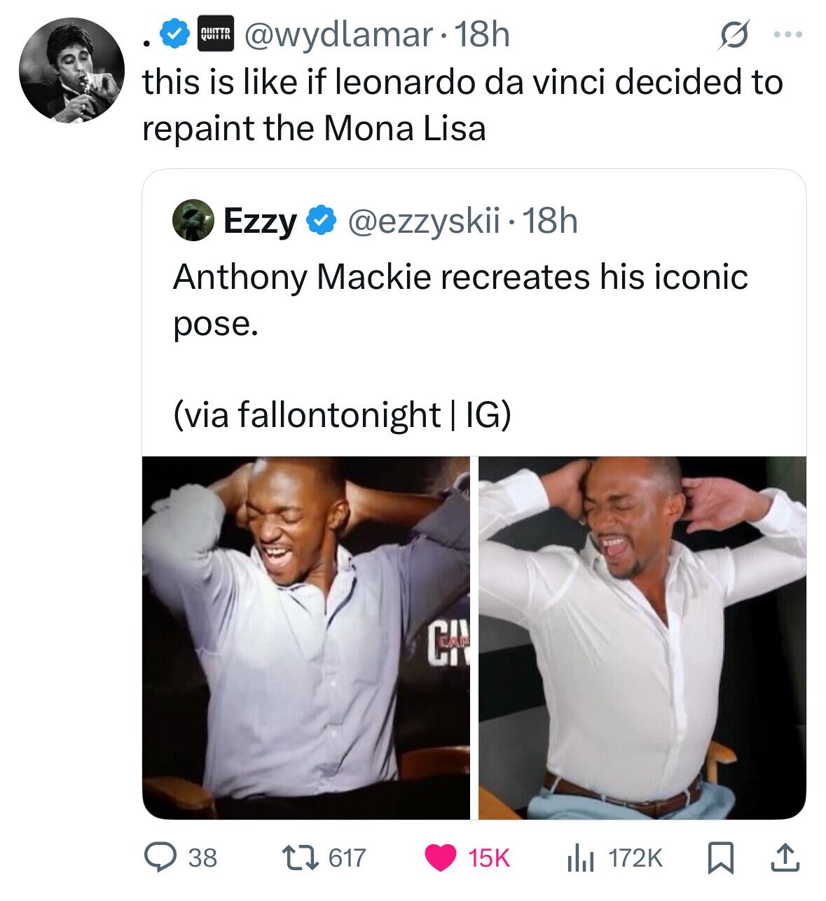 QUITTD QUITIR @wydlamar. 18h G ... this is like if leonardo da vinci decided to repaint the Mona Lisa Ezzy @ezzyskii - 18h Anthony Mackie recreates his iconic pose. (via fallontonight IG) CIV 38 617 15K 172K 